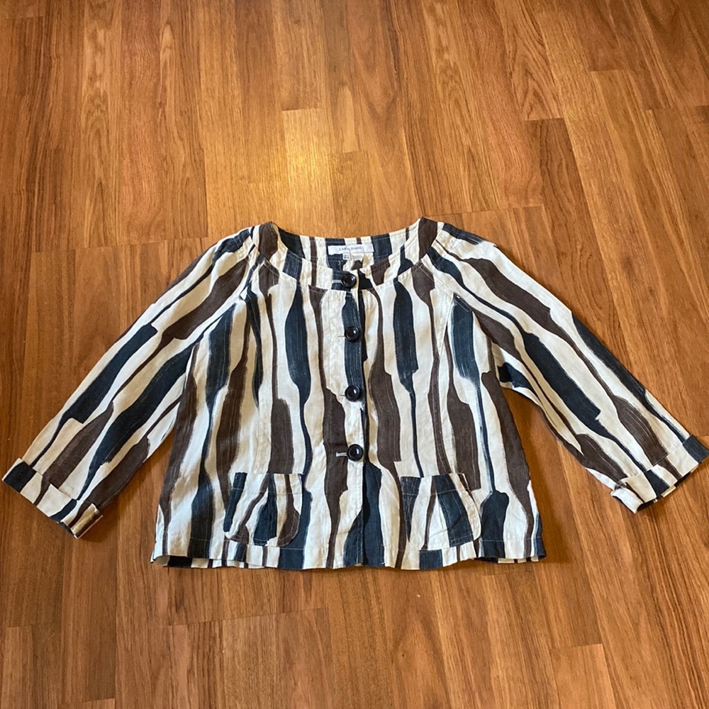 Zara blouse, size L. Blue & multicolored asymmetrical stripes, front buttoning.